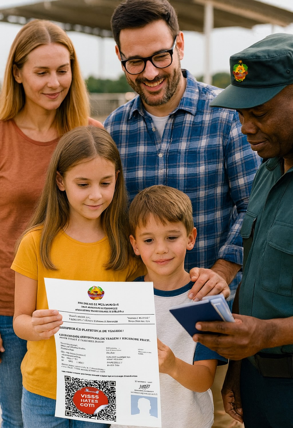 Family showing visa document to officer
