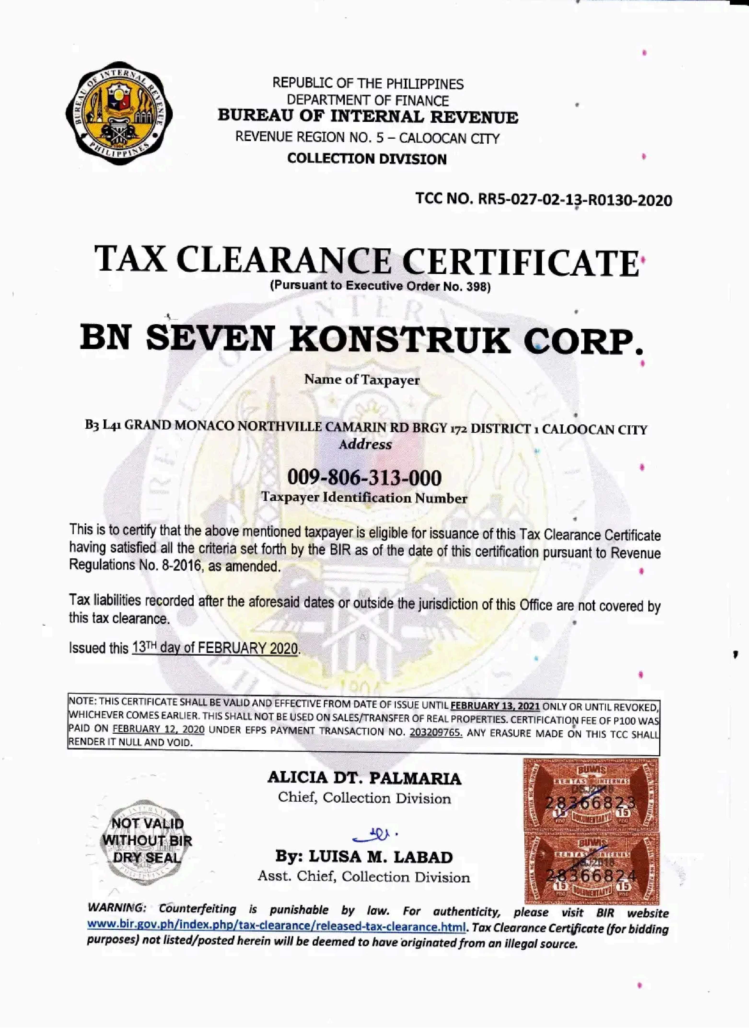 Finance Clearance Certificate