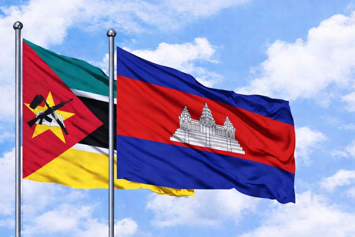 Flags Of Mozambique And Cambodia In The Sky