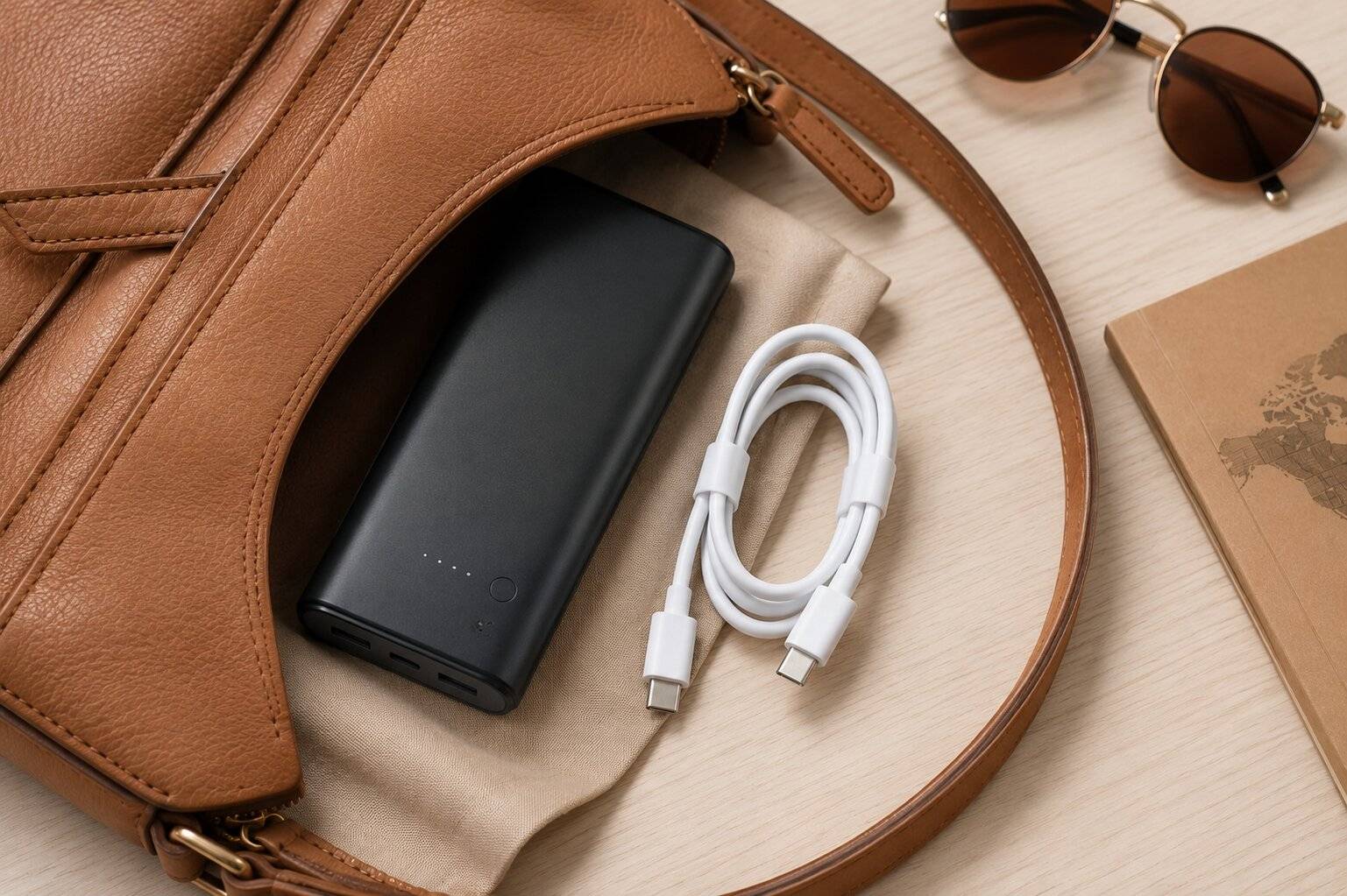 Handbag with USB-C charger and power bank