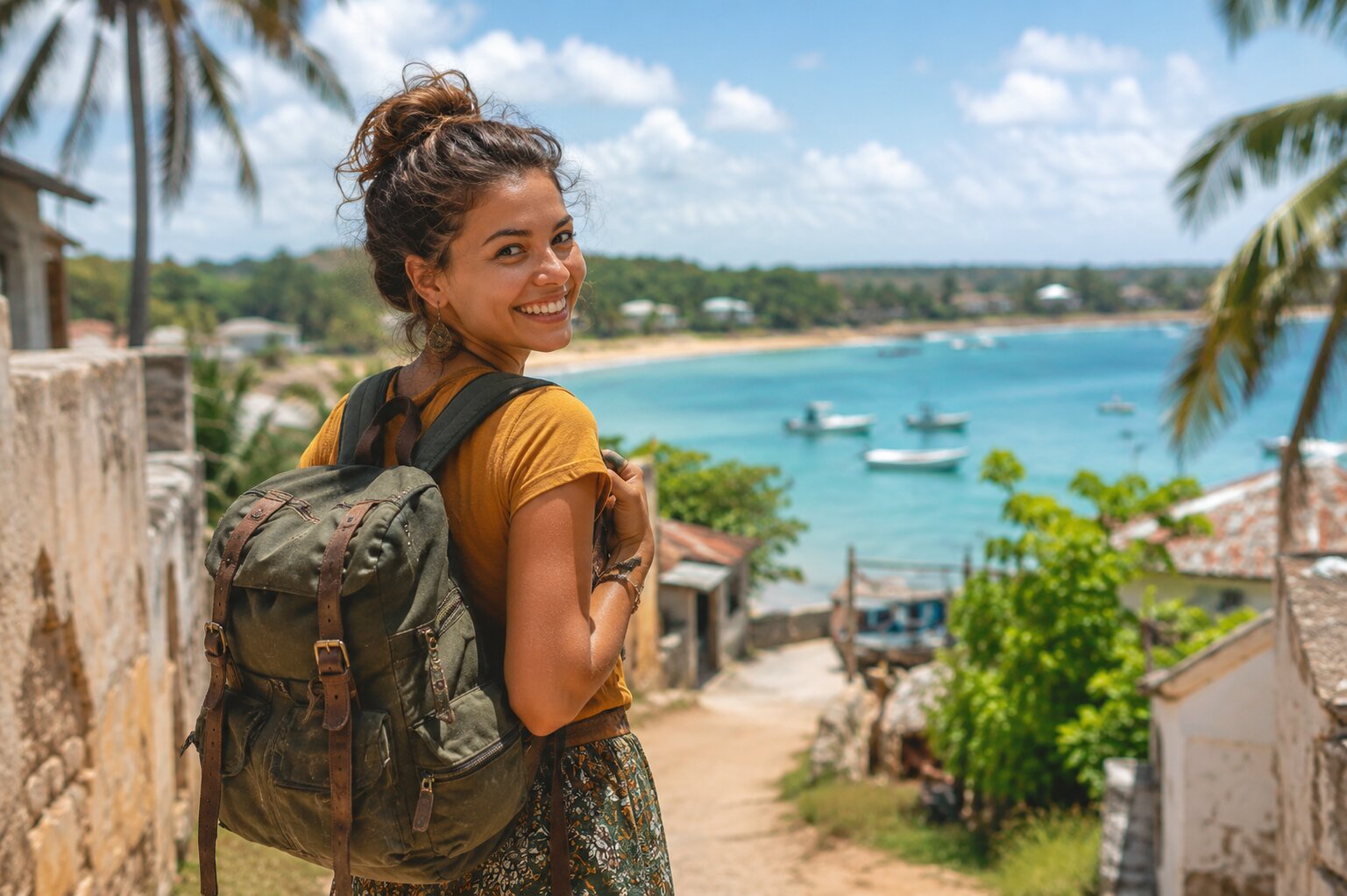 Happy Woman Backpacking In Mozambique