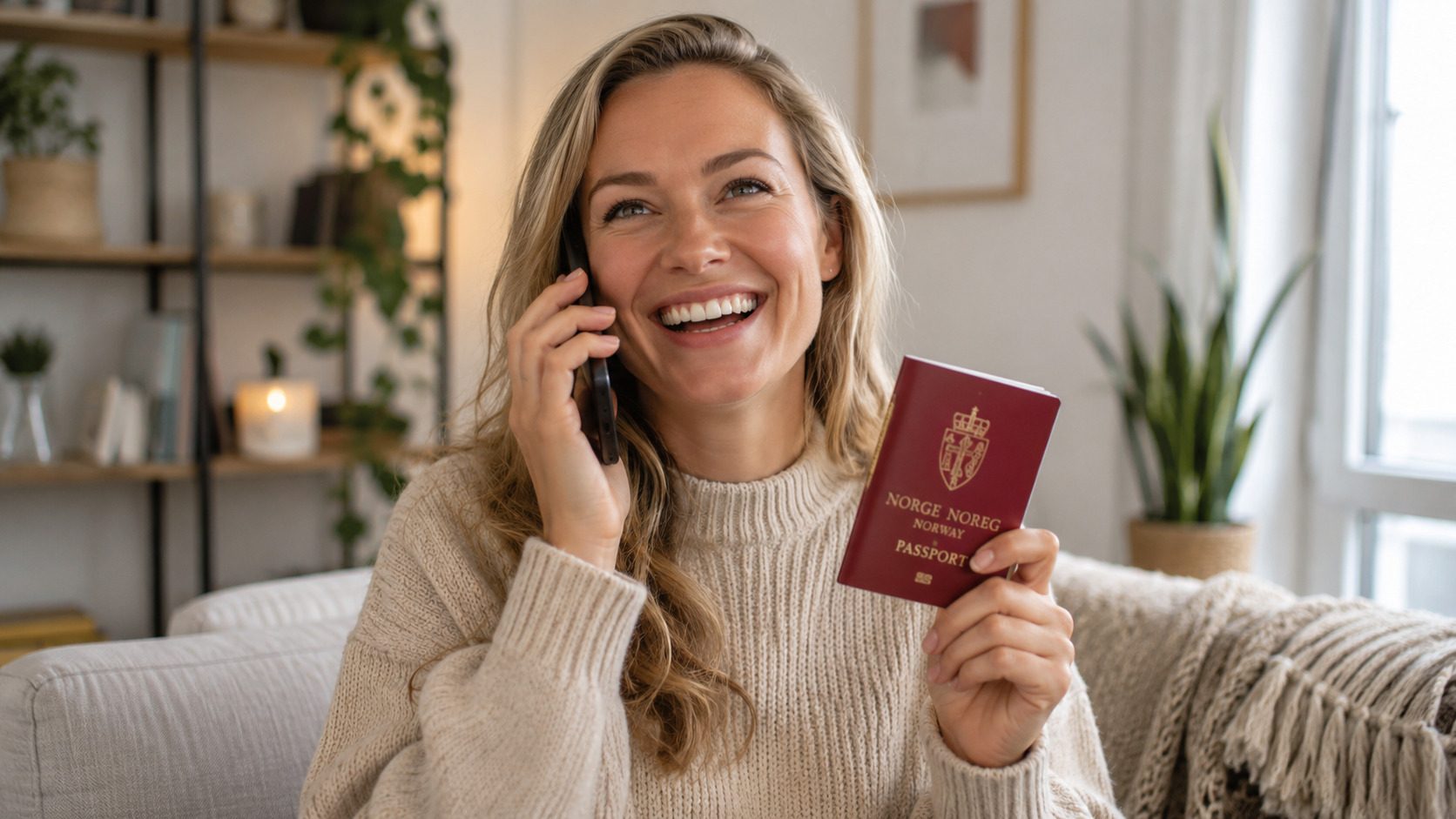 Happy Woman Holding Norwegian Passport At Home