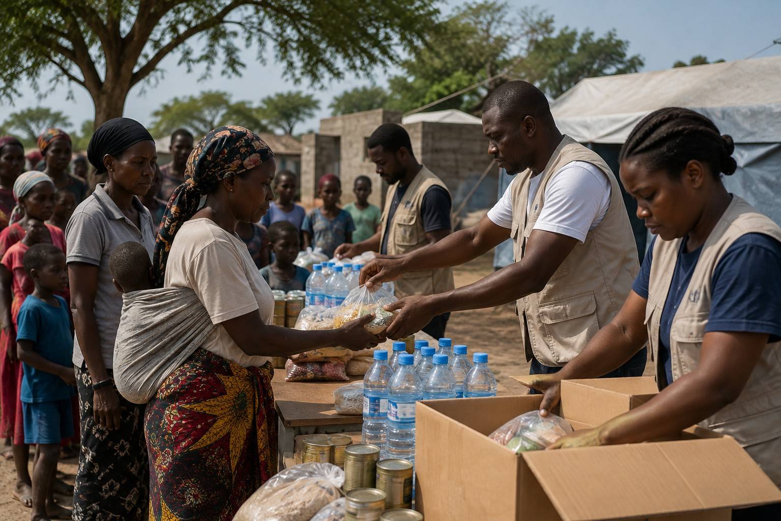 Humanitarian Workers Distributing Essential Relief Supplies
