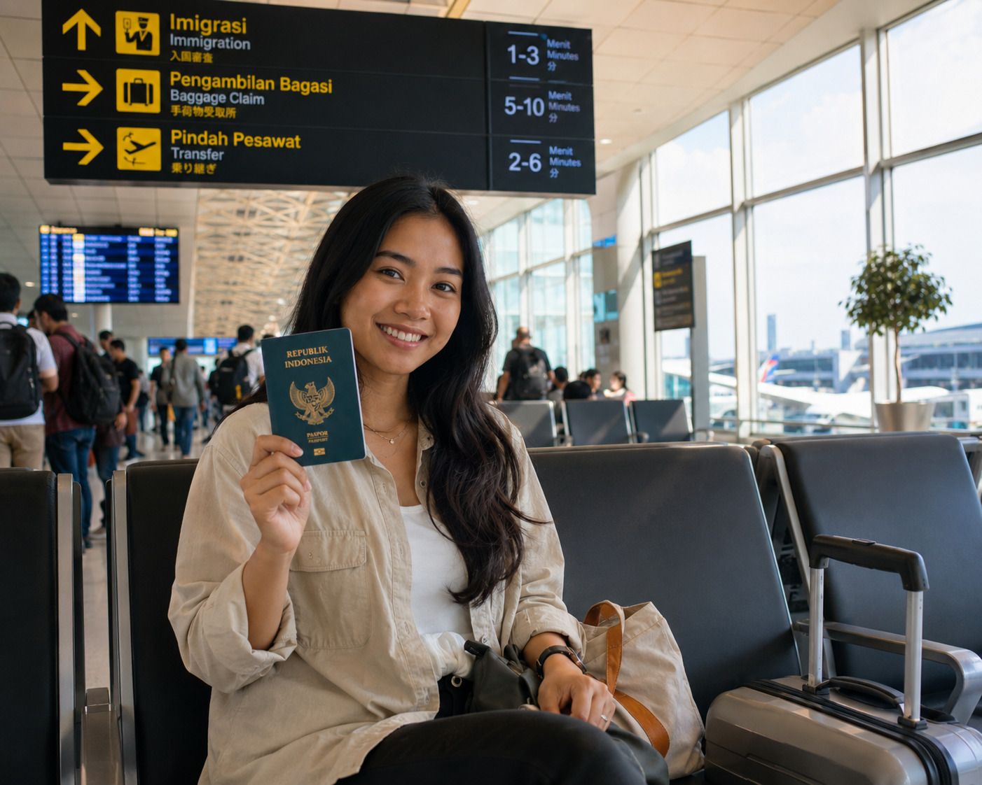Indonesian Tourist Holding Up A Passport Inside An Airport
