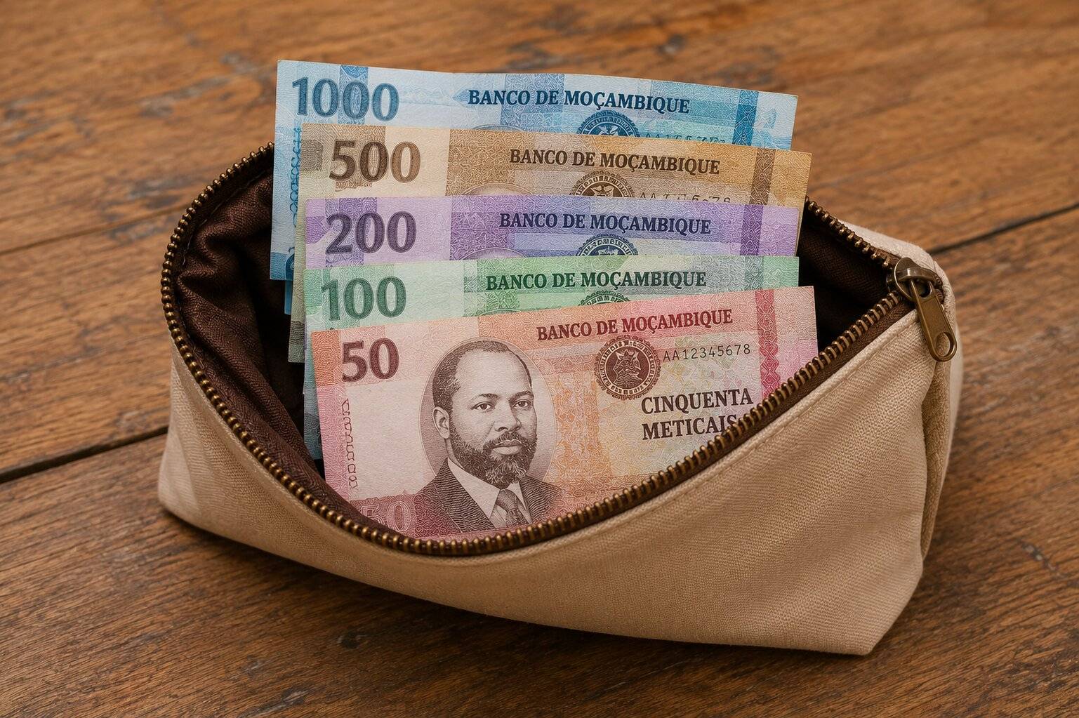 Mozambican Metical banknotes in small pouch