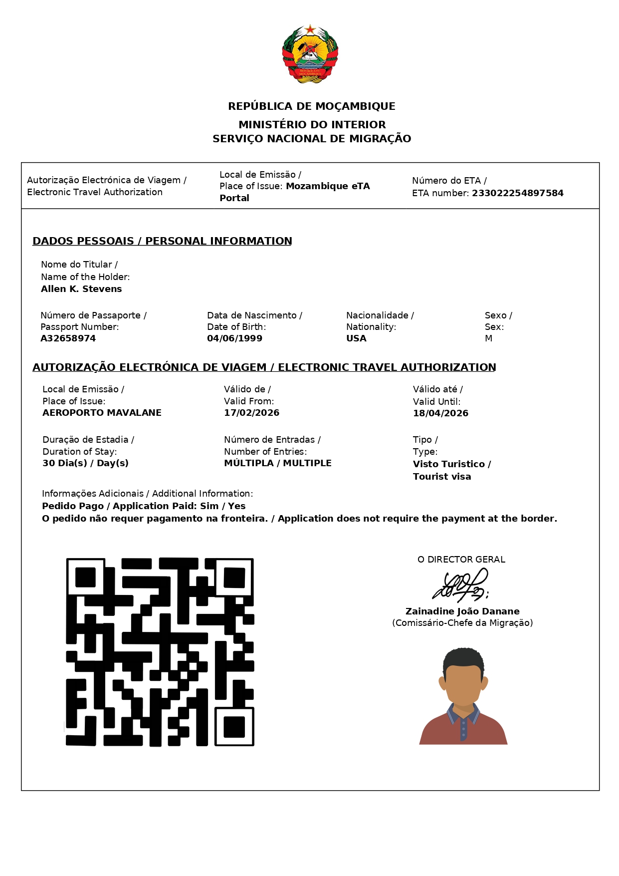 Mozambique eTA Sample Document