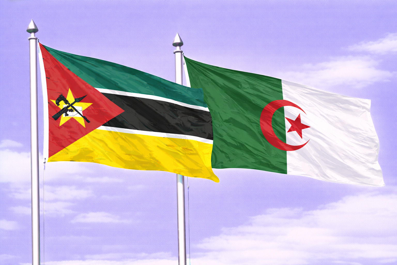 Mozambique Flag With Algeria Flag Waving Together