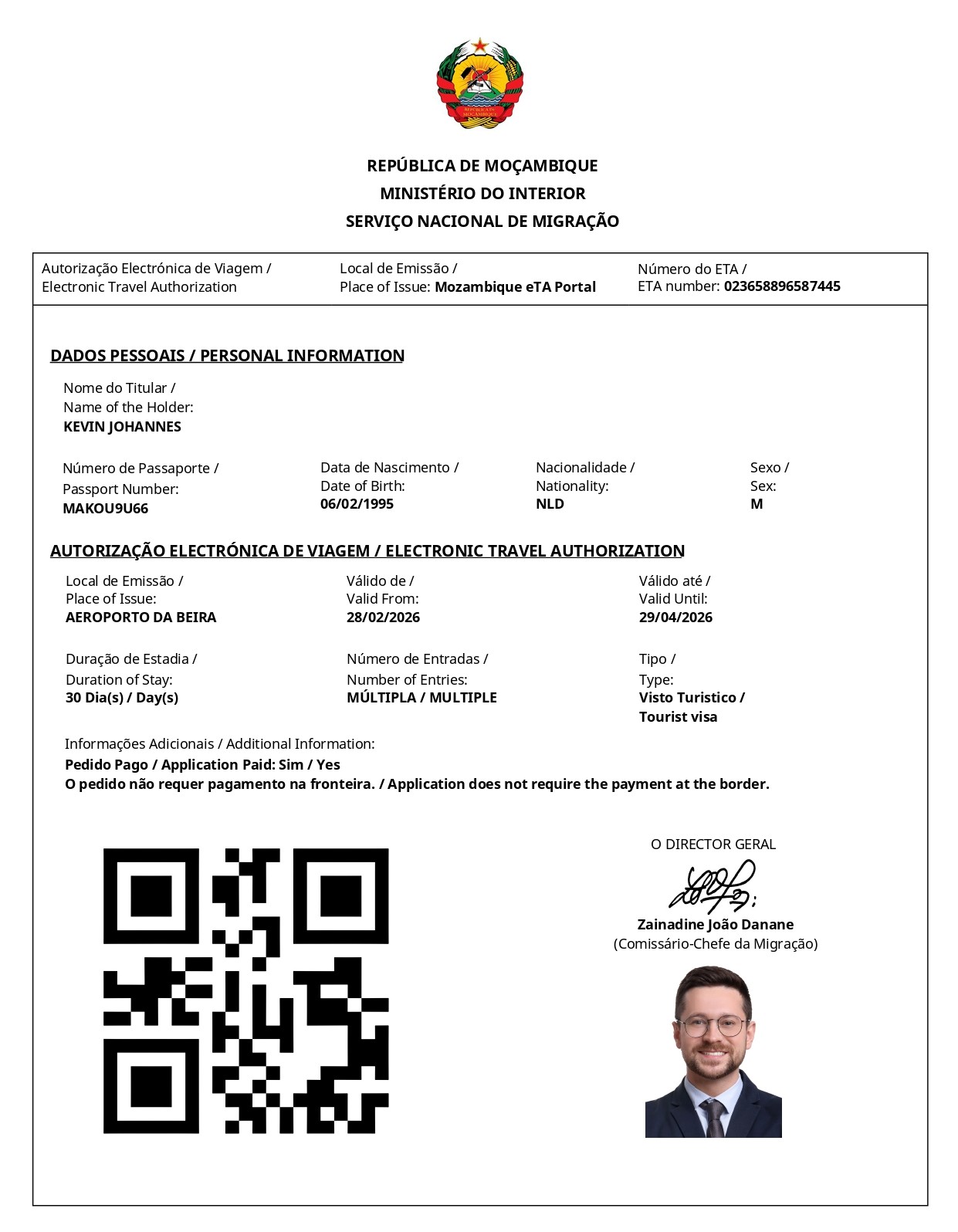 Mozambique eTA Sample Document