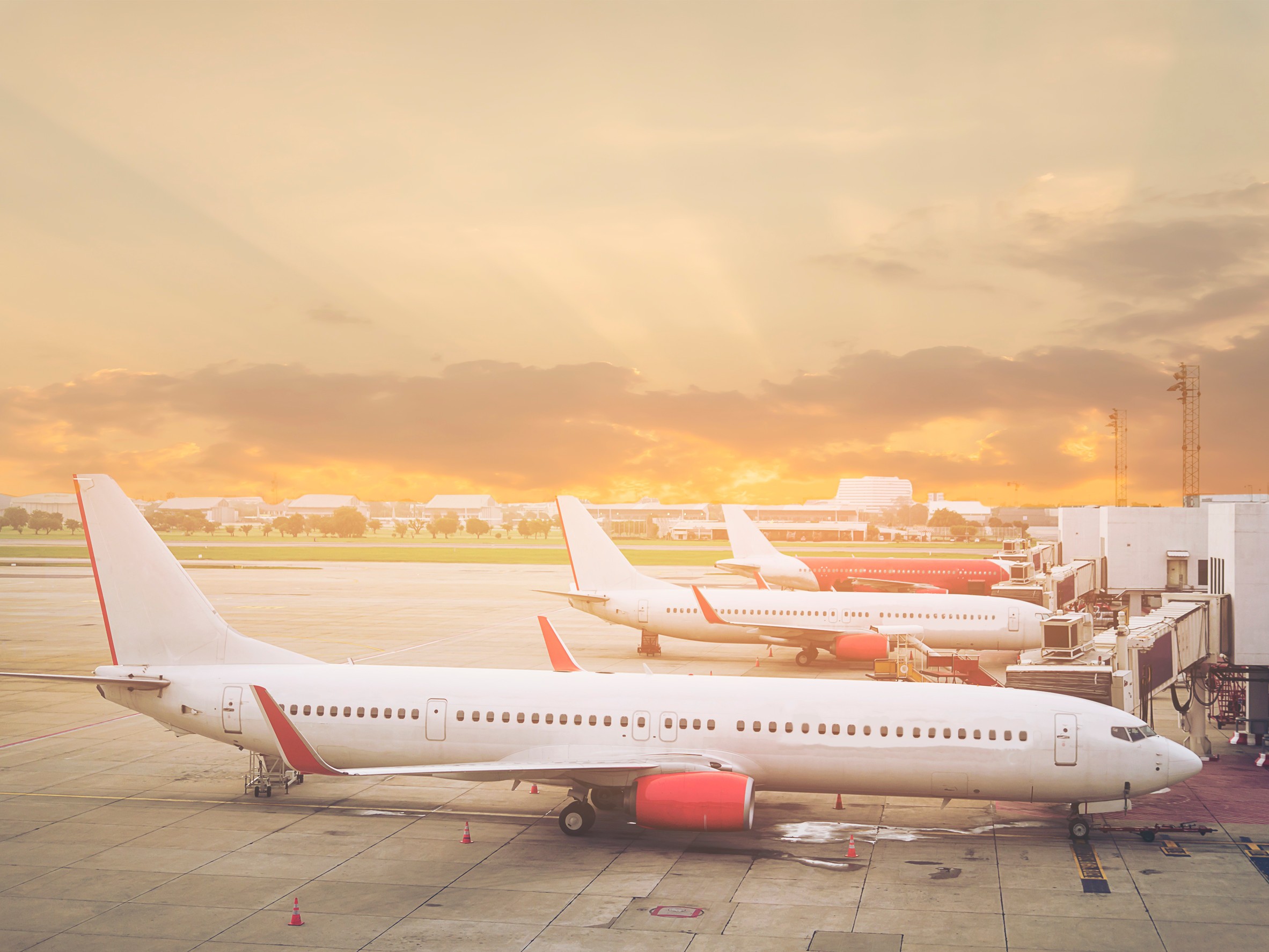Passenger planes parked at the airport terminal