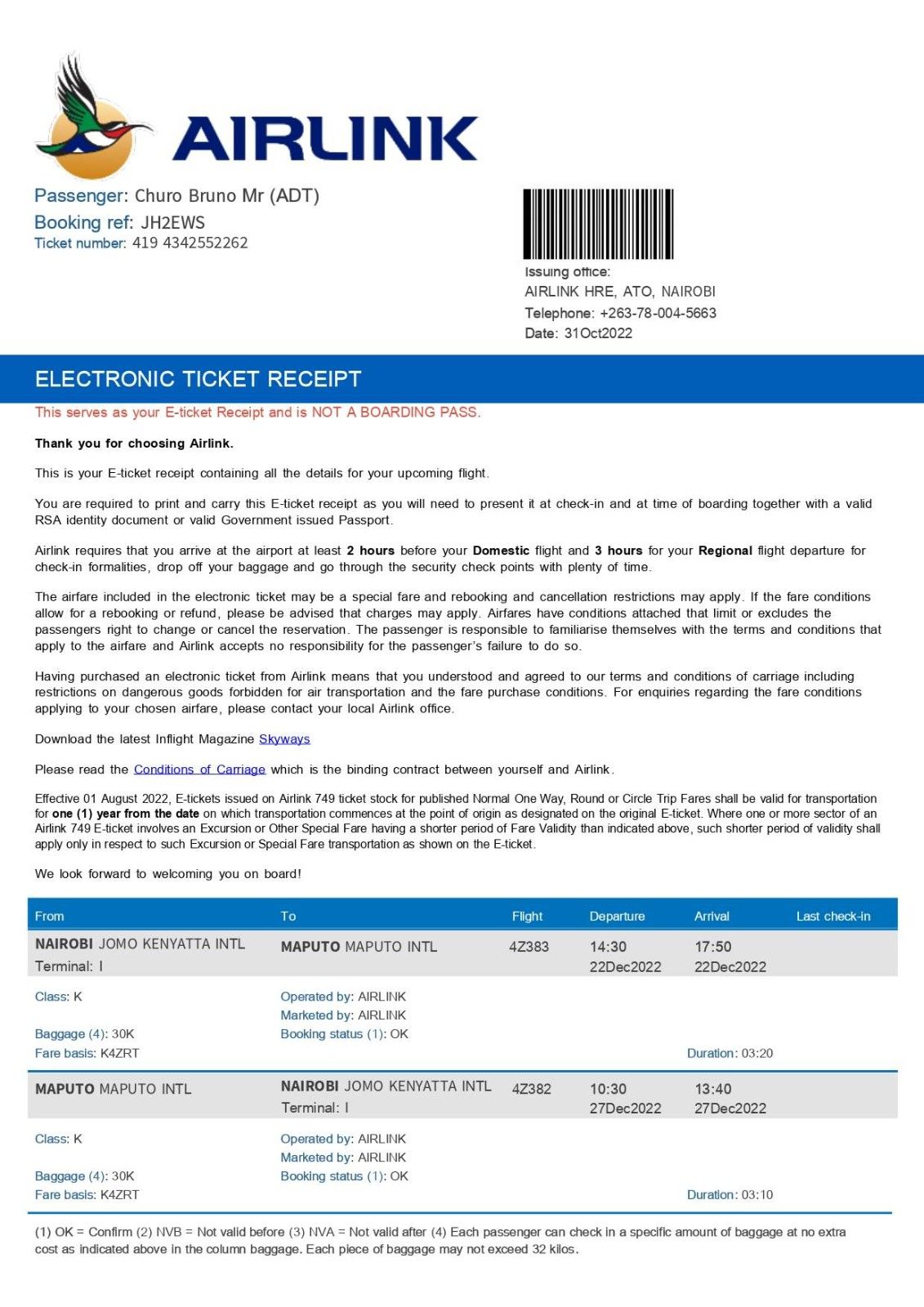 Return Flight Ticket Sample