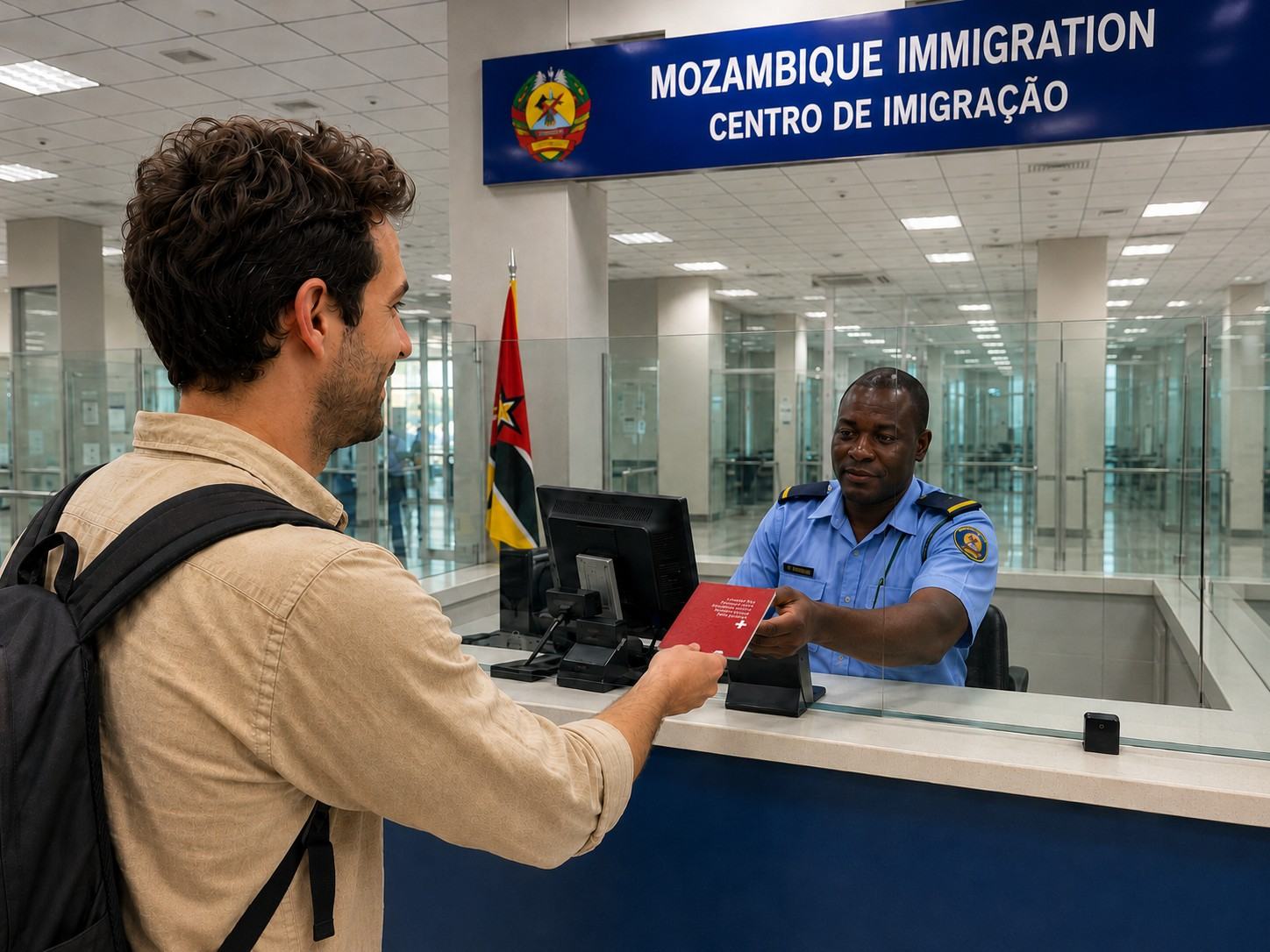 Swiss Tourist Giving His Passport At Mozambique Immigration