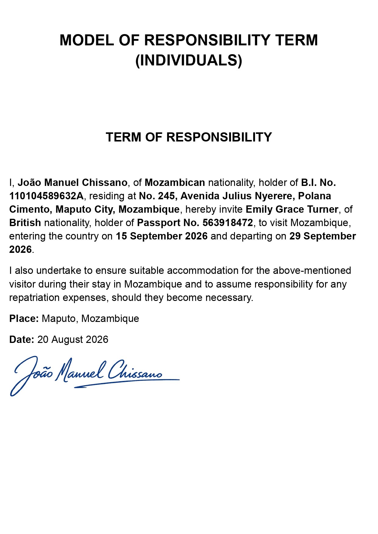 Terms Of Responsibility Sample