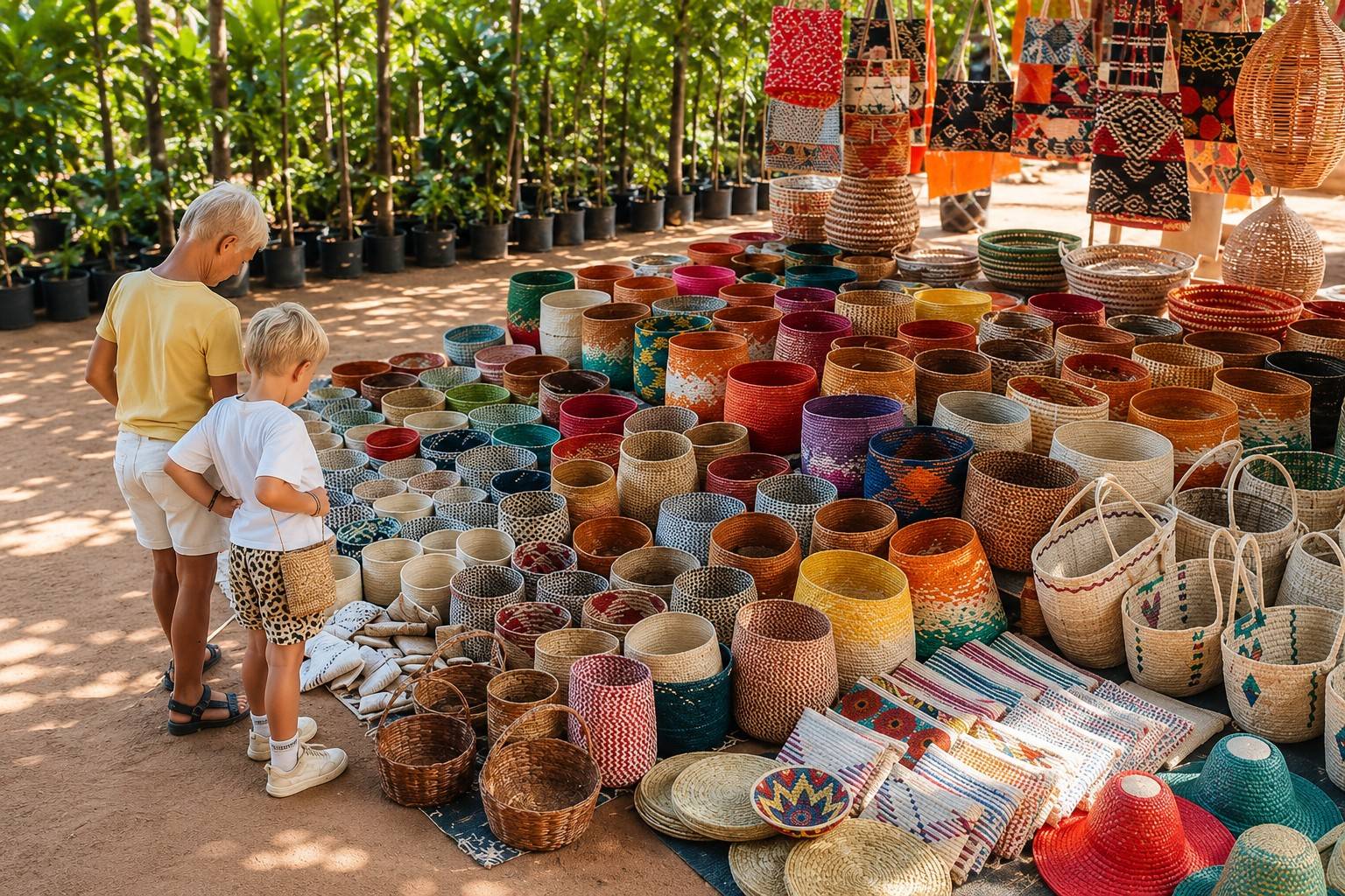 Tourists Browsing Baskets At Feima Market