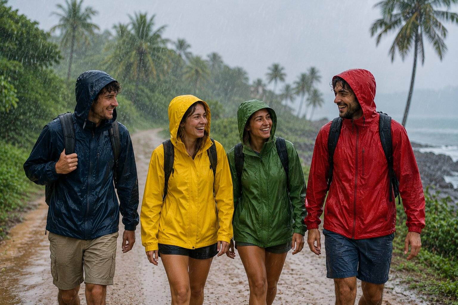 Tourists wearing raincoats during Mozambique rains