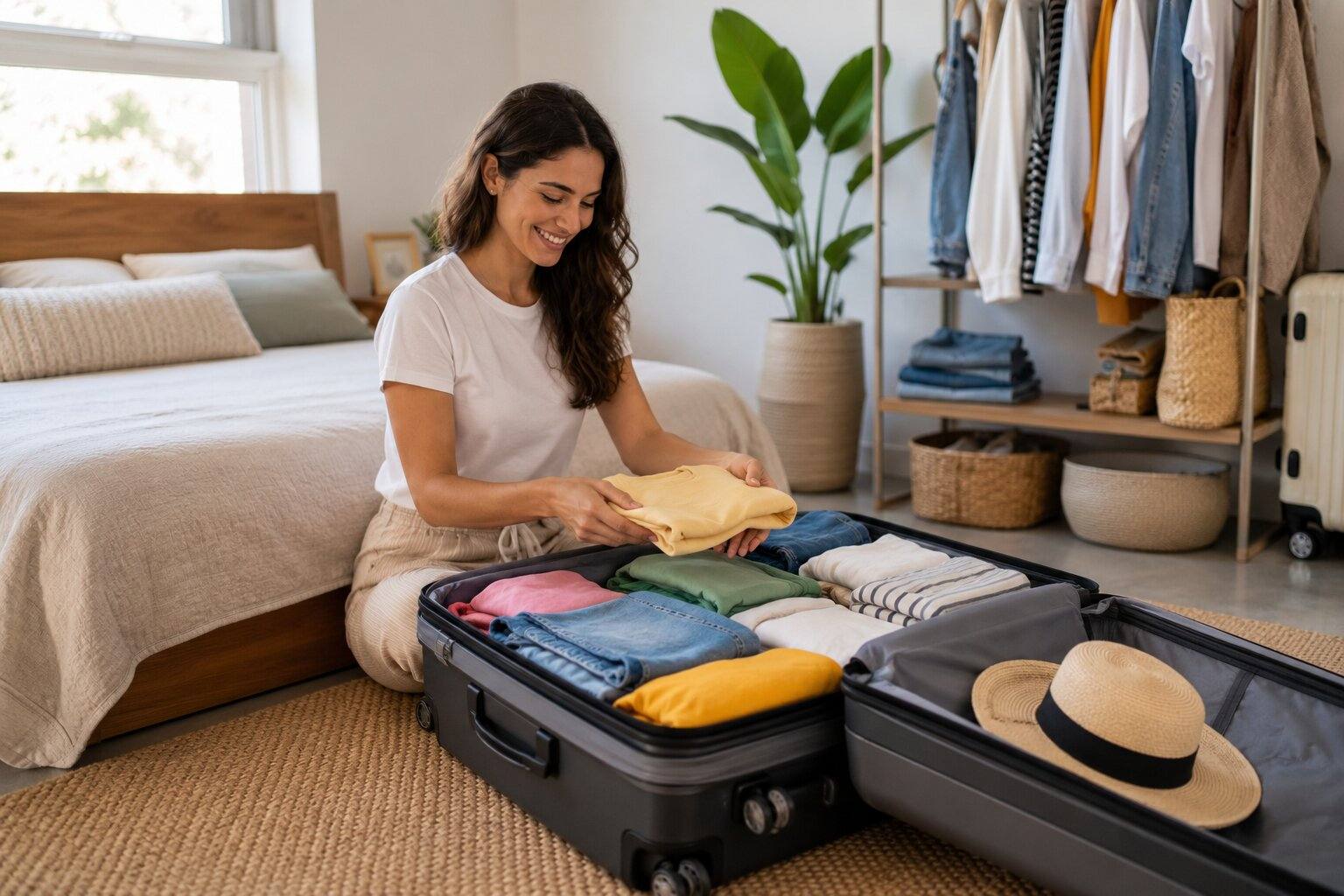 Woman preparing suitcase for Mozambique trip