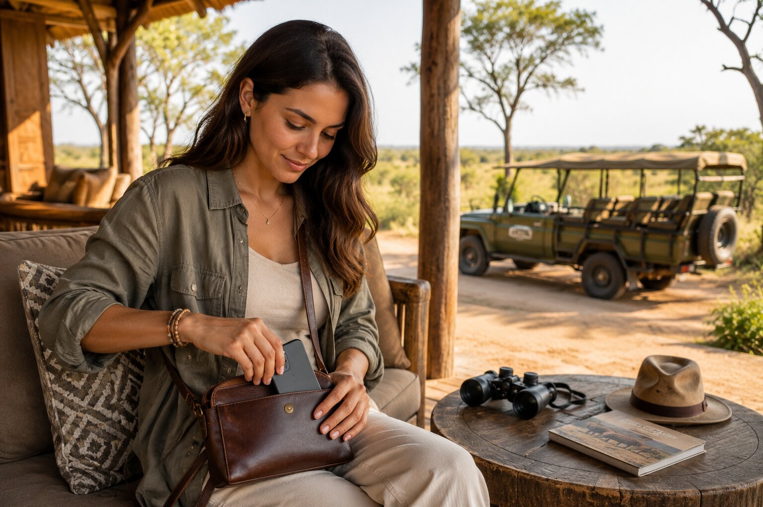 Woman Securing Phone In Travel Purse