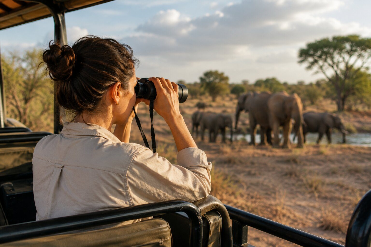 Woman using binoculars during Mozambique safari