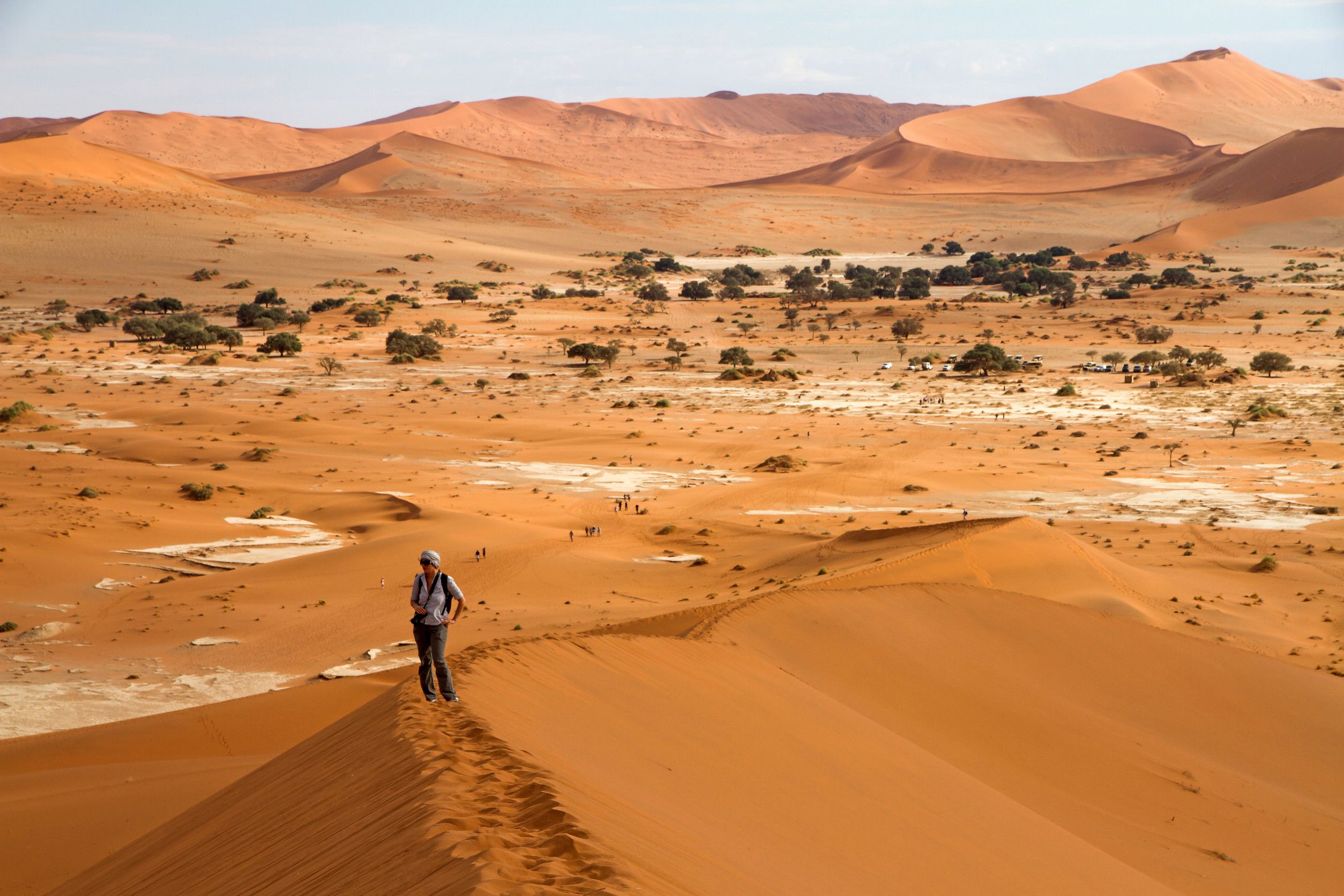 Young Woman Climbing The Sossusvlei Dunes Namibia